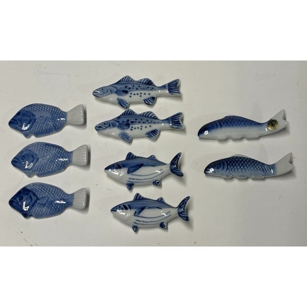 Vintage Kotobuki Japan Ceramic Fish Lot 9pc Blue White Sushi Chopstick Rest